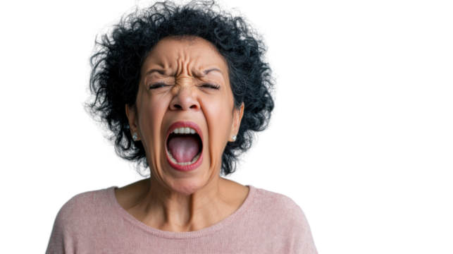 Middle aged woman screaming with transparent background