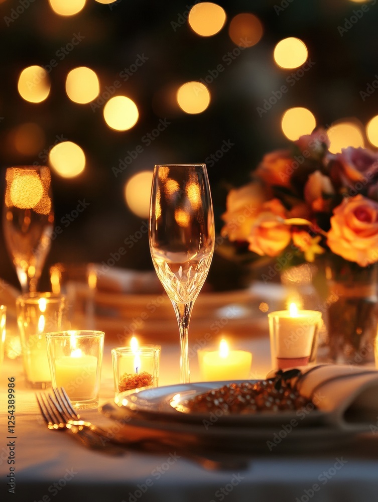 Poster elegant festive dining table with glowing candles and fresh flowers creating a cozy atmosphere for a