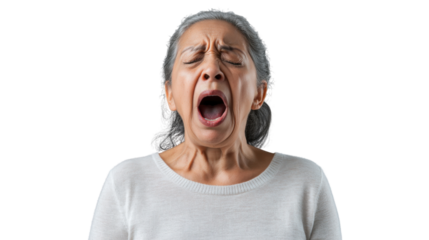 Senior hispanic woman yawning with transparent background