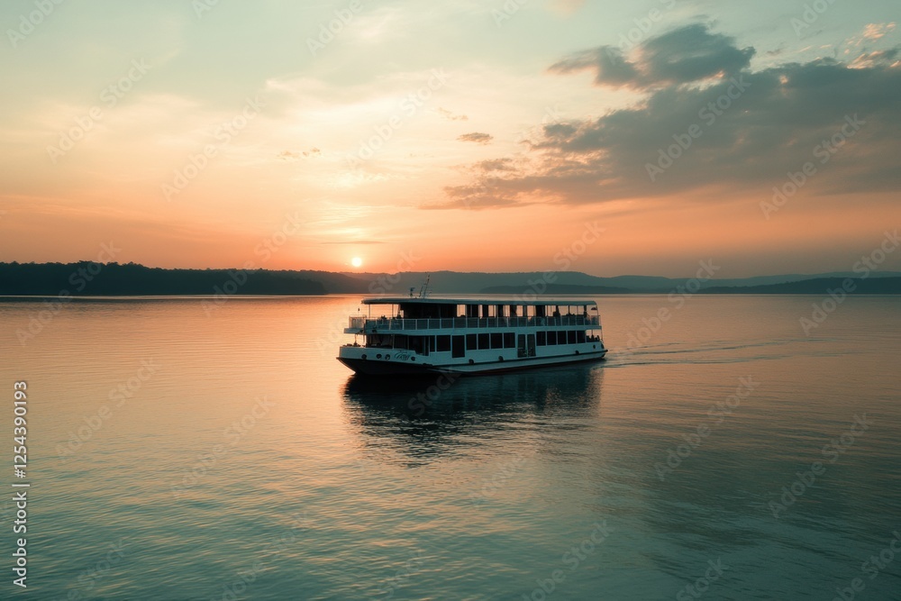 Poster sunset cruise on a river with a tranquil boat drifting across the calm water surface. generative ai