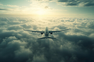 A beautiful photo of a large airliner flying above the clouds towards the sun shining brightly above the thick clouds.