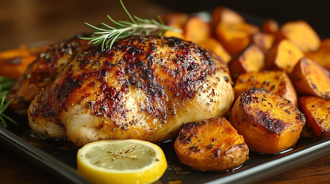A beautifully roasted chicken served with golden sweet potatoes and a slice of lemon, garnished with fresh rosemary. Perfect for a cozy dinner or festive gatherings. - Powered by Adobe