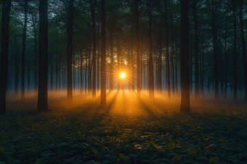 Fototapeta premium Golden Sunlight Beams Through Foggy Forest