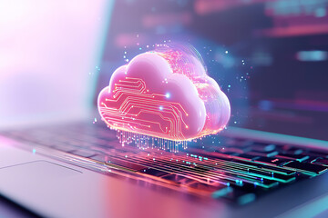 glowing digital cloud with circuit patterns hovers over laptop keyboard, symbolizing advanced cloud computing technology and seamless data integration