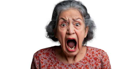 Senior woman shouting with transparent background: expressing fury and emotion