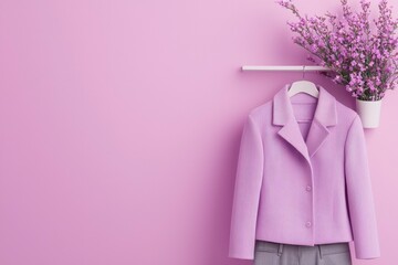 Stylish lavender jacket hanging on a pastel pink wall with a floral arrangement above it