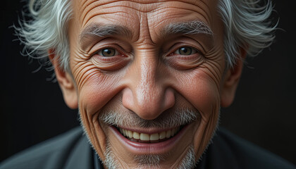 Very Old Man with Wrinkles, Gray Hair, and a Joyful Smile