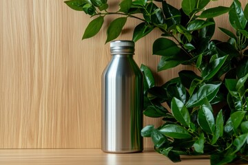 Silver aluminum bottle placed beside lush green leaves on a wooden background, showcasing eco-friendly lifestyle