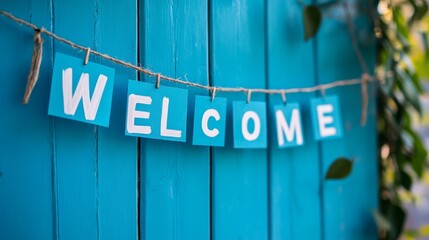 26.A cheerful banner with WELCOME spelled out in bold white letters, each letter framed on a bright blue square and strung together with twine.