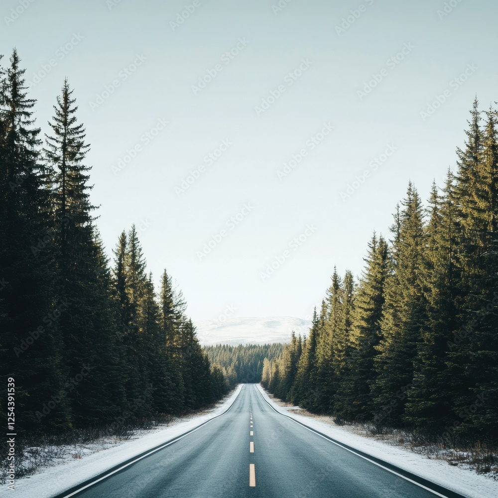 Poster straight road leads into a dense forest with snow dusted edges under a clear sky in tranquil morning