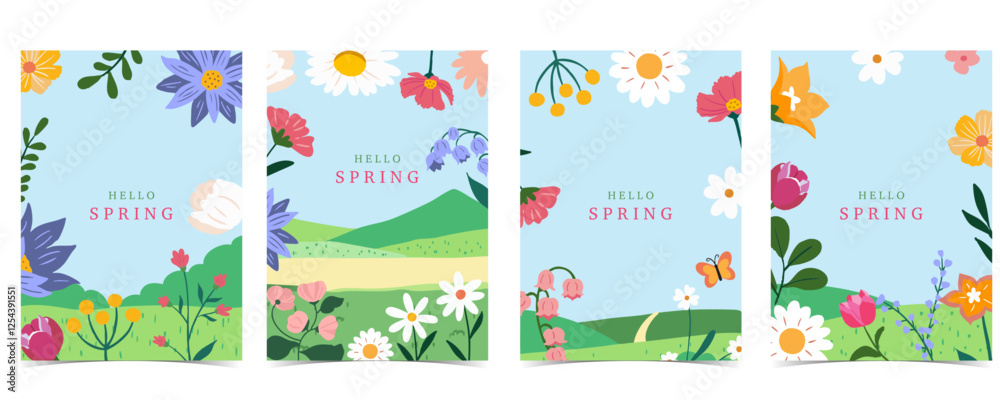 Wall mural spring landscape background with mountain and tree for a4 vertical design