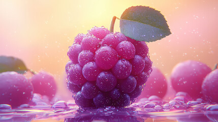 Fototapeta premium Close-up of a vibrant, dew-covered raspberry, surrounded by blurred similar berries and a soft, warm-toned background.