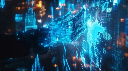 Fototapeta premium 58.A high-tech scene featuring a handshake, with overlay elements including financial graphs, world map outlines, and blue digital light effects merging into the city background.
