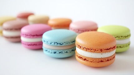 Colorful macarons dessert row, white background, food photography, website banner