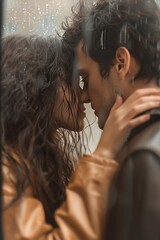 Two lovers kissing in the rain as droplets shimmer around them
