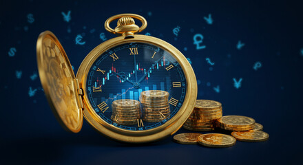 Relógio de Ouro com Moedas e Gráficos Financeiros