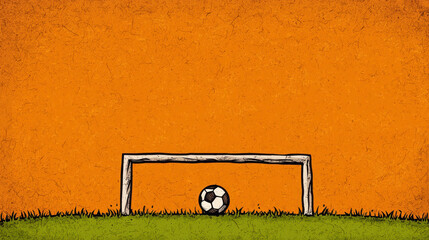 Blank Soccer Field Banner with Goalposts and Single Ball Against Bright Orange Background