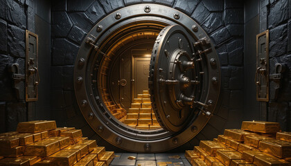 Bank Vault with Open Door and Gold Bars Inside