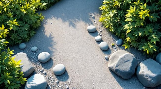 Serene garden path, stones, plants, sunlight, tranquility, nature, background, design