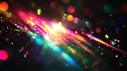 Fototapeta premium Beautiful iridescent light on black background, Dark background with a prism light effect, Glowing colorful lights and bokeh lens flare overlay, sunlight refraction, Shiny lights in the dark