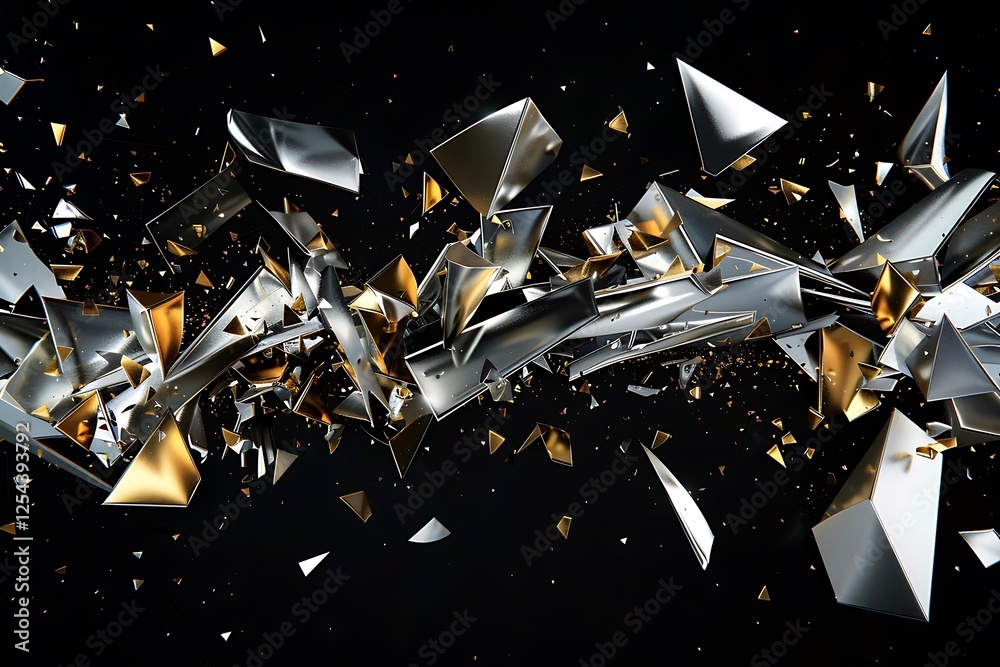 Fototapete A digital illustration showcasing an explosion of shattered geometric shapes in silver and gold hues against a black background. The fragments are sharp and reflective, creating a dynamic 