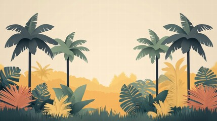 Serene Tropical Landscape Illustration with Palm Trees and Lush Greenery in Warm Colors - Perfect for Travel and Relaxation Themes, Art and Design Backgrounds