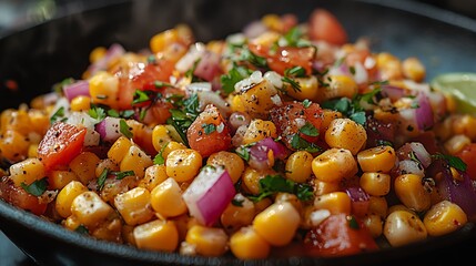A colorful dish featuring fresh corn, diced tomatoes, onion, and herbs, served sizzling in a pan