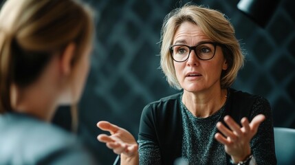 Fototapeta premium 111.A candid moment of two professional women sharing ideas, one gesturing with her hands while the other listens attentively, in a sleek office environment.