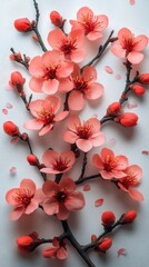 Delicate pink cherry blossoms arranged artistically on a white background with petals scattered