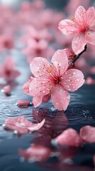 Close-up of pink cherry blossoms with raindrops on a serene water surface, creating a tranquil atmosphere