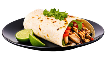Grilled chicken burrito with lime on black plate