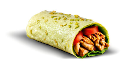Chicken wrap with lettuce and tomatoes on white background