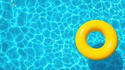 yellow swimming pool ring float isolated in blue water. concept summer background, top view with copyspace