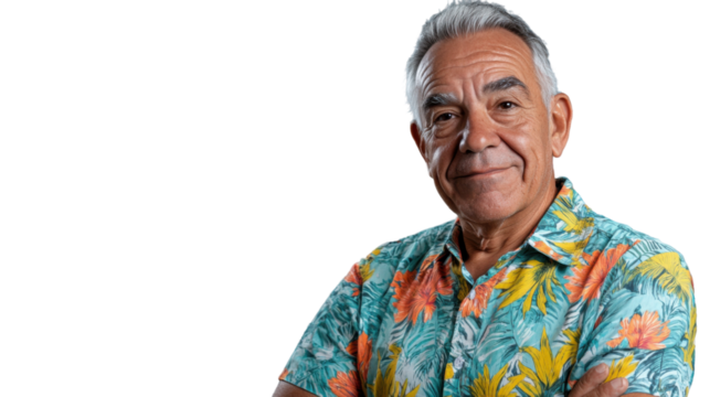 Smiling senior man with crossed arms on transparent background