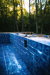 Blue Pool Tiles Under Construction in a Wooded Area