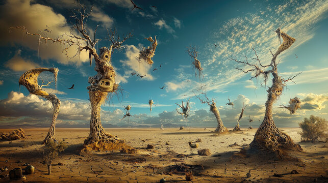 Surreal landscape with distorted trees and floating debris under a dramatic sky at dusk
