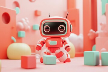 Playful cartoon robot exploring a colorful, abstract environment filled with geometric shapes