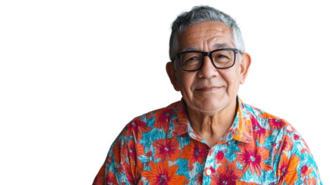 Portrait of smiling senior man wearing colorful shirt on transparent background
