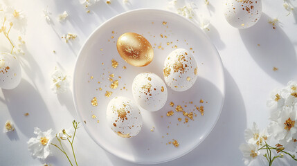 Elegant Easter Sunday celebration with golden egg and white flowers adorning a plate of decorated eggs in soft sunlight
