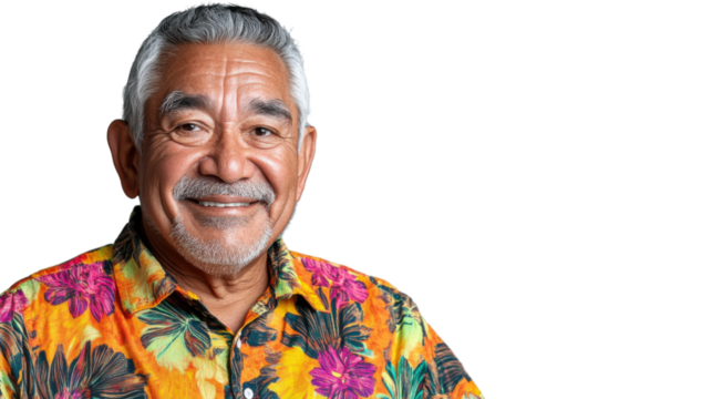 Smiling senior man wearing hawaiian shirt on transparent background
