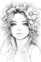 Fototapeta premium A woman with long hair and a flower crown on her head. The drawing is in black and white
