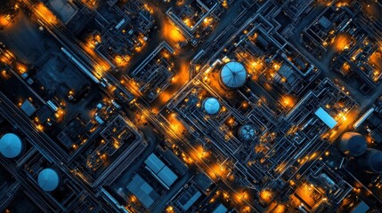 Aerial view of illuminated refinery at night, complex network of pipes and tanks. Illustrates industrial processes, energy production, and infrastructure.