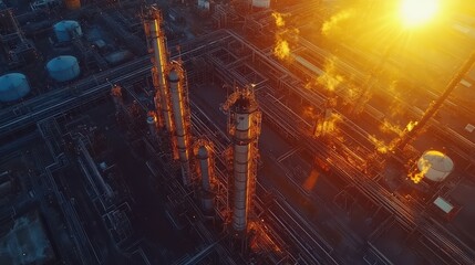 Aerial view of an oil refinery at sunset, showing tall towers and intricate pipelines. Illustrates industrial processes and energy production, ideal for related articles.