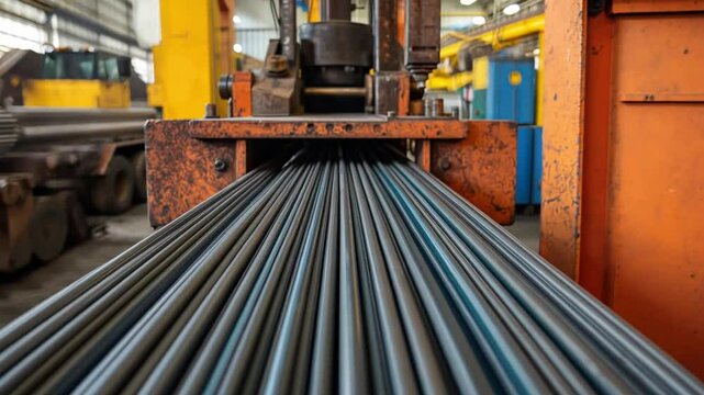 Industrial Steel Production: A close-up view of a row of gleaming steel rods moving along a conveyor belt within a bustling industrial setting.