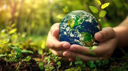 hands cradling a miniature globe amidst a backdrop of lush forests and clean waterways