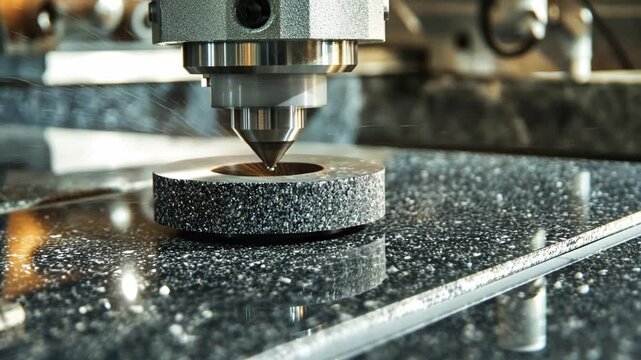 Precision Stone Grinding: Close-up view of a CNC machine precisely grinding a dark speckled stone surface, showcasing the intricate details and high-precision nature of the process.