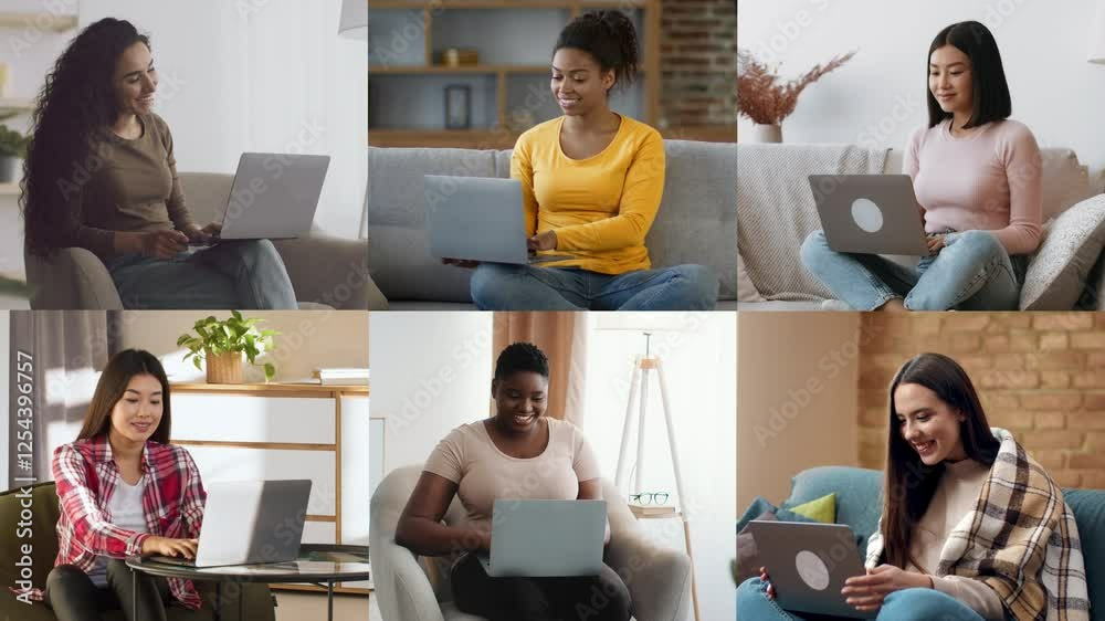 Poster a diverse group of women focuses on their laptops in various relaxed home environments. each woman e