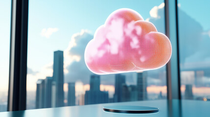 digital cloud hologram floats above table in modern office with cityscape view, symbolizing interconnected cloud networks and global data visualization