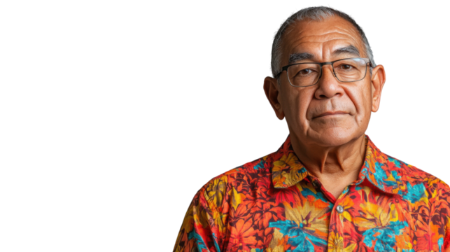 Senior man wearing colorful shirt and glasses on transparent background - Powered by Adobe