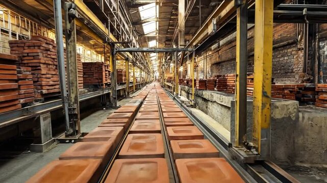 Industrial Brick Kiln: Rows of terracotta bricks move along a conveyor belt in a long, industrial kiln.  The image shows the scale and process of brick manufacturing.